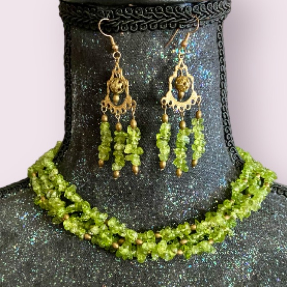 Vintage Multi Strand Peridot Necklace and Chandelier Earrings Set